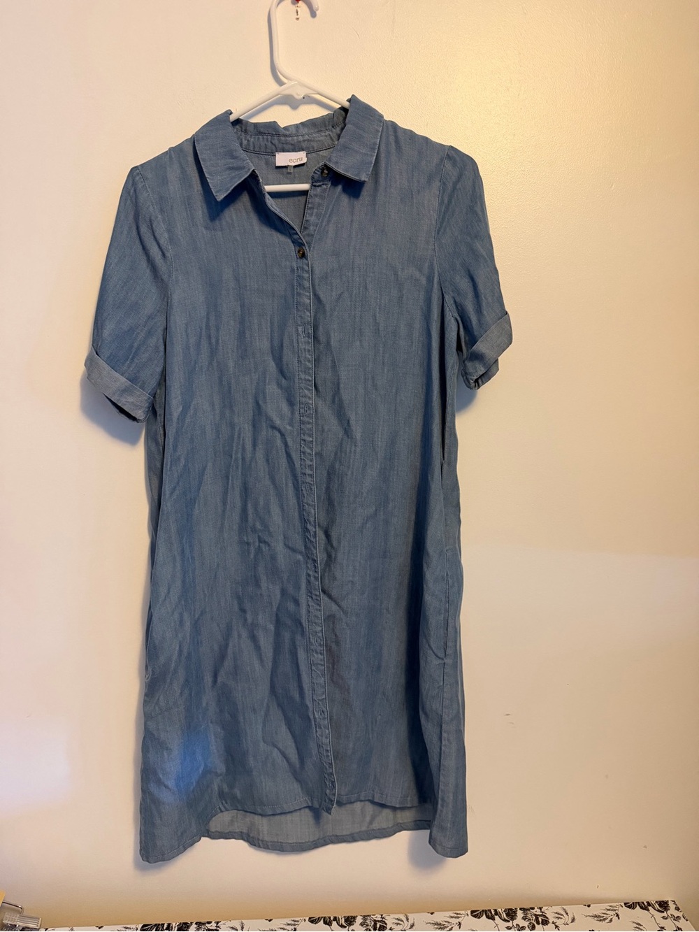 Ecru Blue Tencel Denim Chambray Button Down Shirt Dress Size Small Pockets